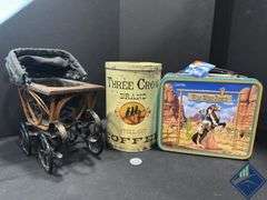 Vintage Western Tins and Wooden Stroller