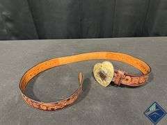 Tooled Leather Larry Mahan’s Western Belt with Heart Shaped Buckle, Size 38