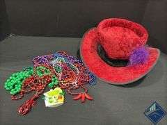 Red Velvet Hat & Mardi Gras Beads
