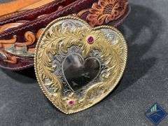 Tooled Leather Larry Mahan’s Western Belt with Heart Shaped Buckle, Size 38