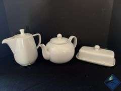 Porcelain Teapot, Cream Pitcher and Covered Butter Dish