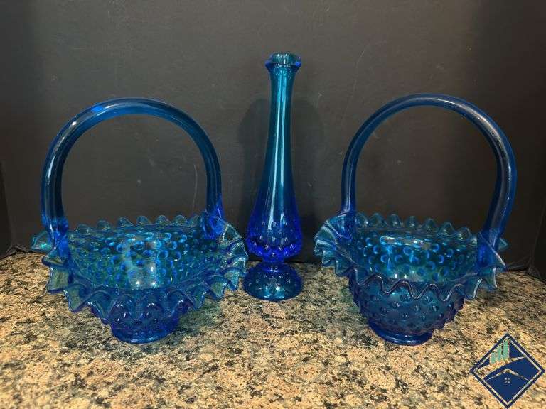 Blue Hobnail Baskets & Vase