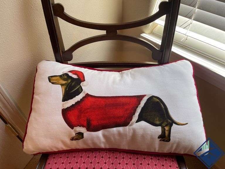Wooden Chair with Upholstered Seat & Dachshund Christmas Pillow