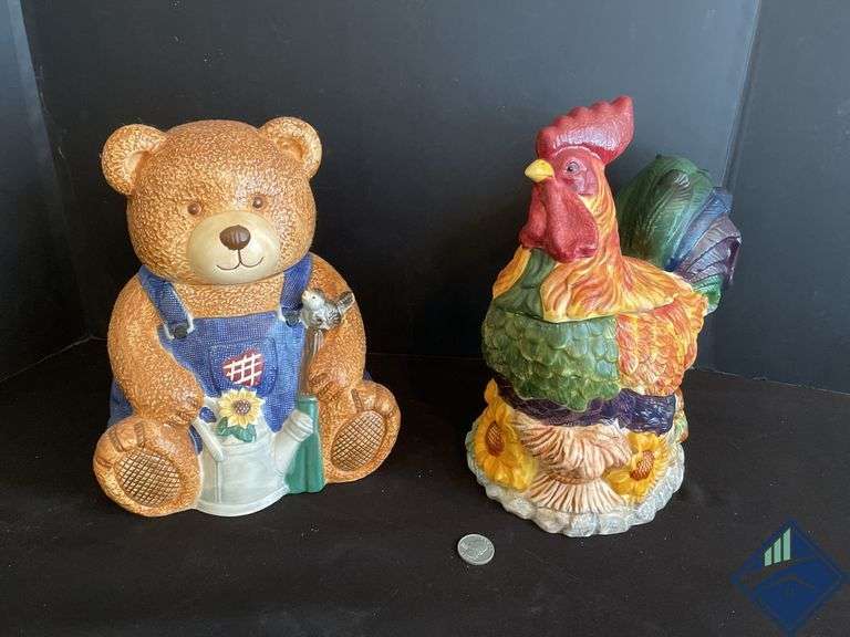 Big Lead Teddy Bear & GLA Rooster Cookie Jars