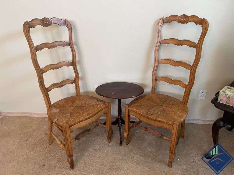 Vintage Ladderback Carved Wooden Chairs & Side Table