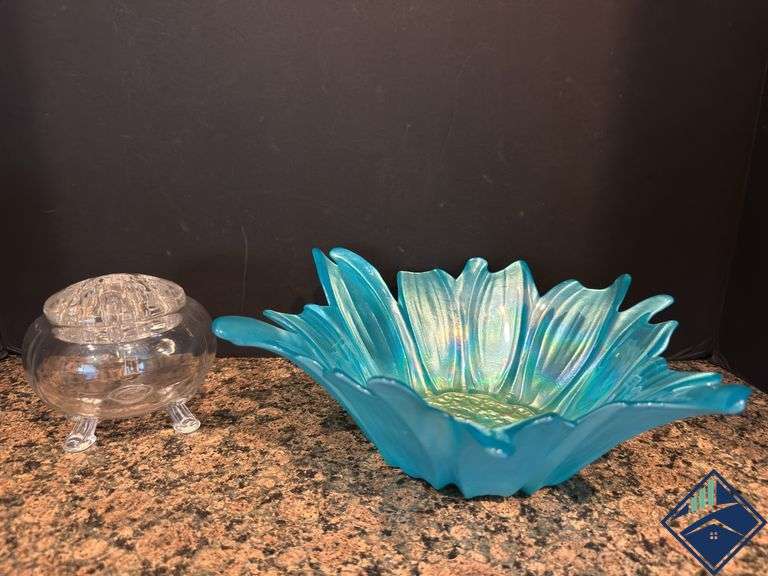 Iridescent Blue Dish & Flower Frog