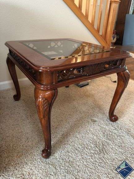 Hand Carved Glass Top End Table