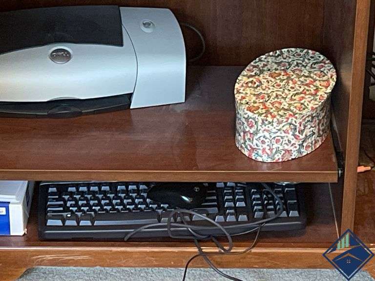 Wooden Computer Desk Armoire with Dell Monitor & Printer