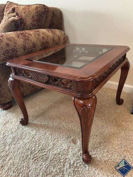 Hand Carved Glass Top End Table