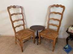 Vintage Ladderback Carved Wooden Chairs & Side Table