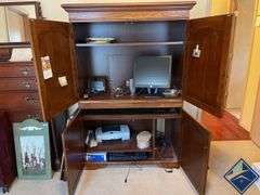 Wooden Computer Desk Armoire with Dell Monitor & Printer