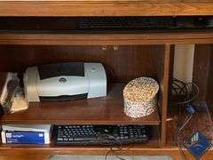 Wooden Computer Desk Armoire with Dell Monitor & Printer