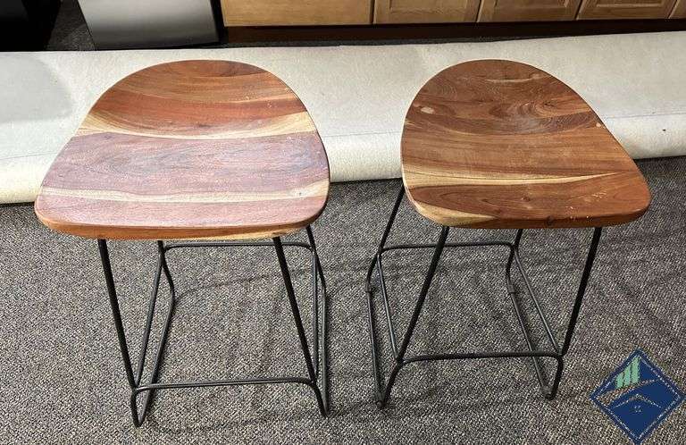 Two Wood and Metal Bar Stools