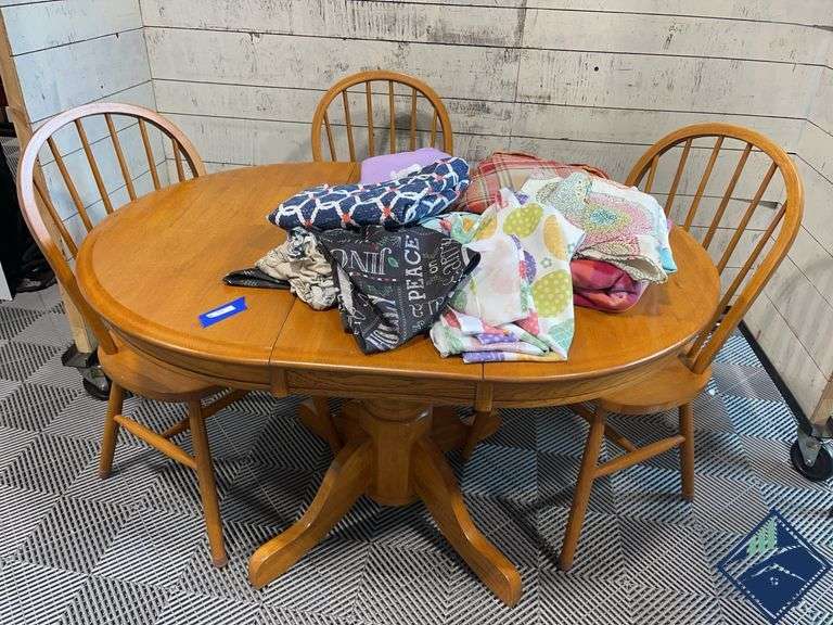 3ft Round Wooden Table with 1ft Leaf, 3 Chairs, and Tablecloths