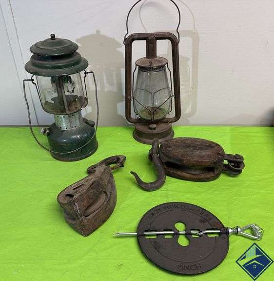 Vintage: Barn Pulleys, Dietz Railroad Lantern, Coleman 220D Double Mantle Camp Lantern and Cast Iron
