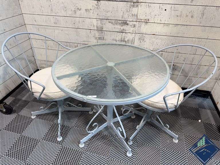 Metal Framed Patio Table with Glass Top, and 2 Metal Framed Chairs