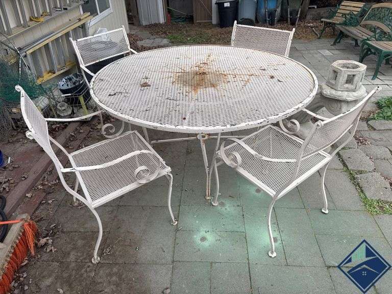 54” Round Five-Piece White Metal Mesh Patio Set