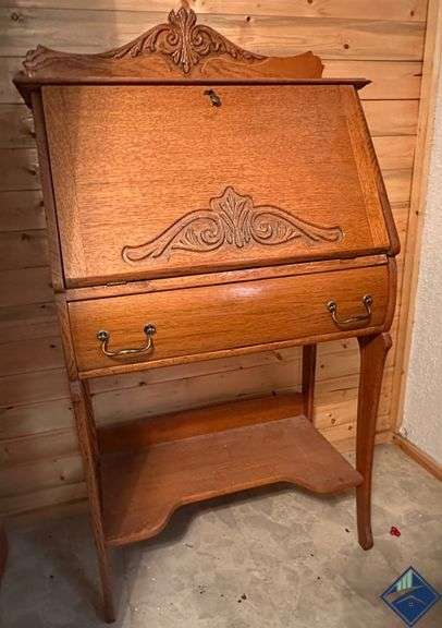 Carved Oak Drop-Front Secretary Desk *upstairs*