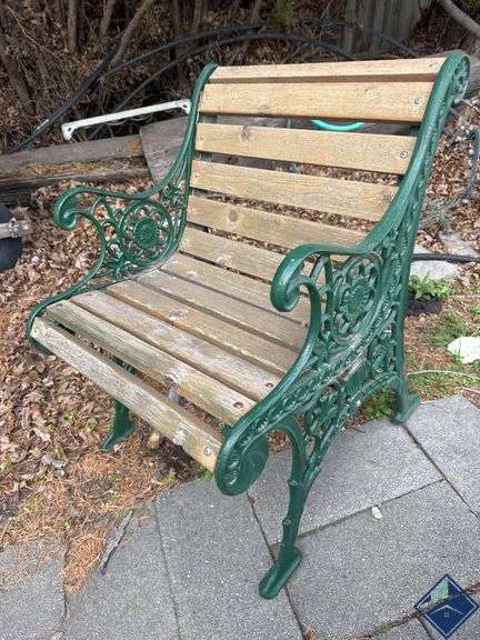 Green Cast Iron and Wood Slat Outdoor Bench