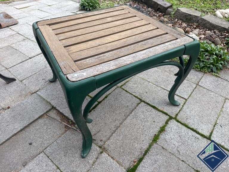 Green Metal and Wood Slatted Square Side Table