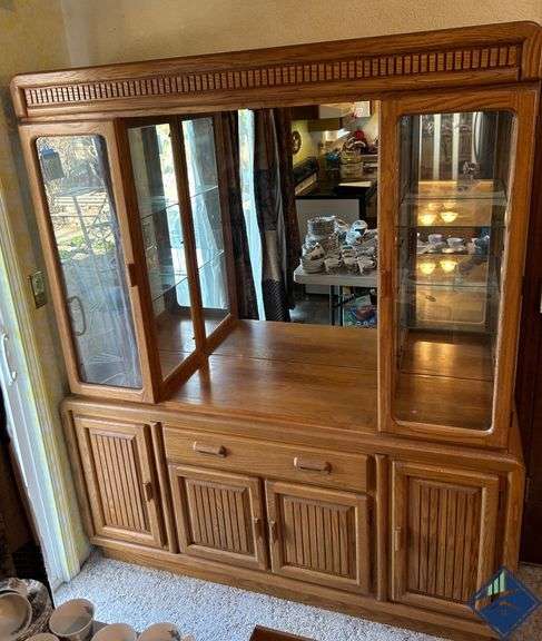 Lighted Oak China Cabinet with Glass Display Doors