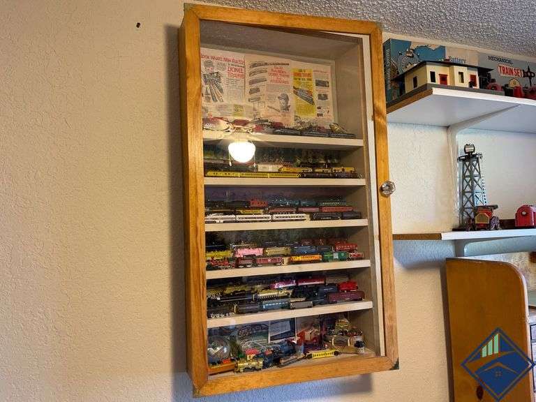 Wall-Mounted Wooden Display Cabinet with Model Trains Ornaments *bring tools*