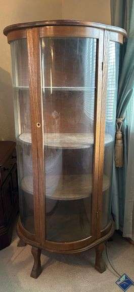 Wood and Glass Curio Cabinet with Bowed Glass Panels *upstairs*