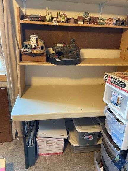 4ft Folding LifeTime Plastic Table With Wood Shelving Unit *contents not included*