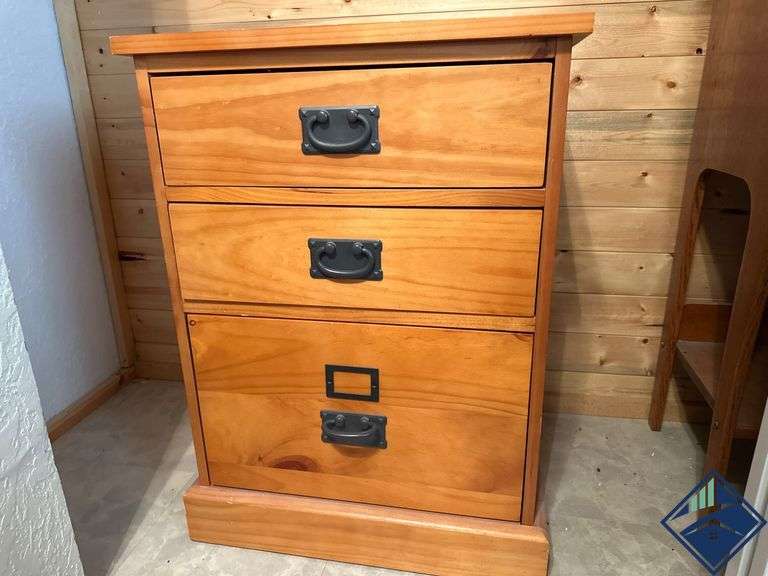 Three-Drawer Wooden File Cabinet with Metal Pull Handles *upstairs*