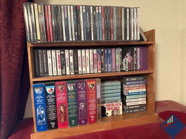 Wooden Media Shelf with Contents