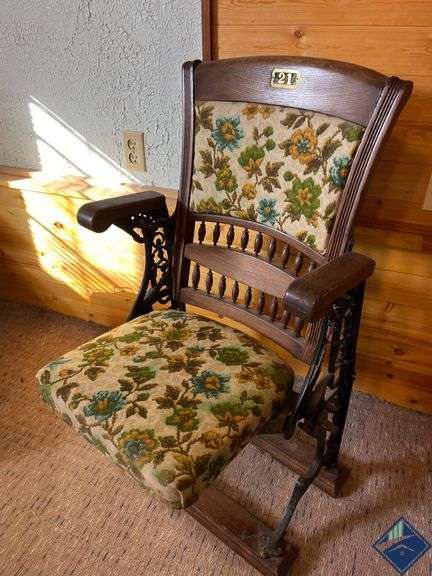 Wood and Iron Theater Chair with Floral Upholstery