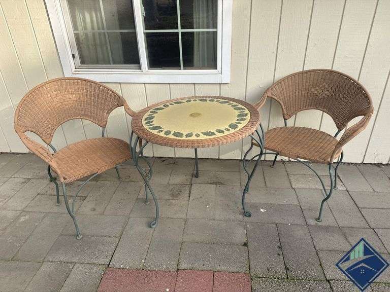 Wicker and Metal Patio Bistro Set with Leaf-Patterned Tabletop