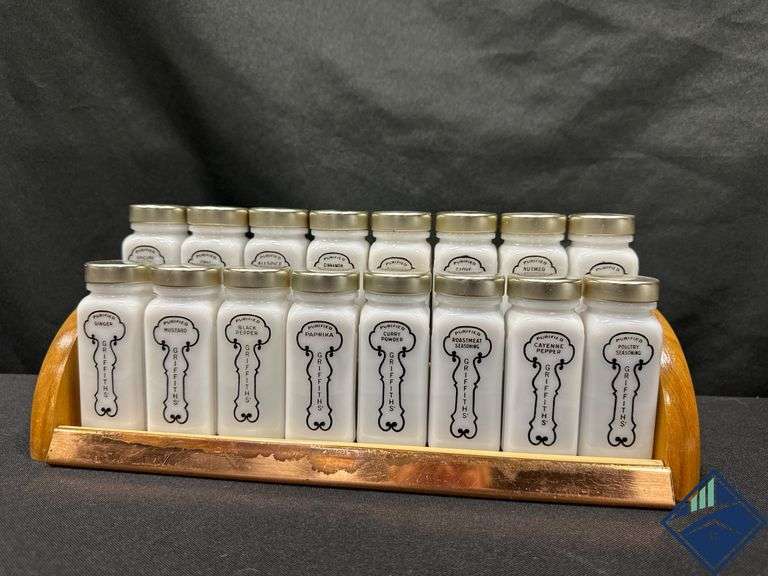 Milk Glass Spice Jars With Wooden Rack and Metal Lids