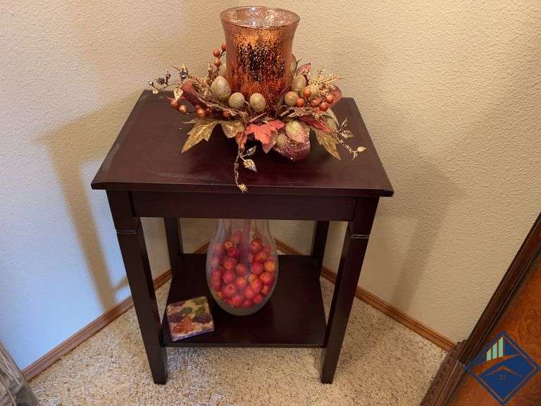 Dark Wood Accent Table with Fall-themed Centerpiece