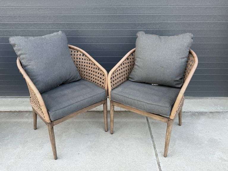 Pair of Hampton Bay Wicker Metal Patio Armchairs with Cushions