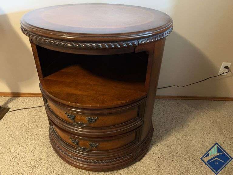 AspenHome Round Wood Nightstand with Drawers and Power Strip *stairs*