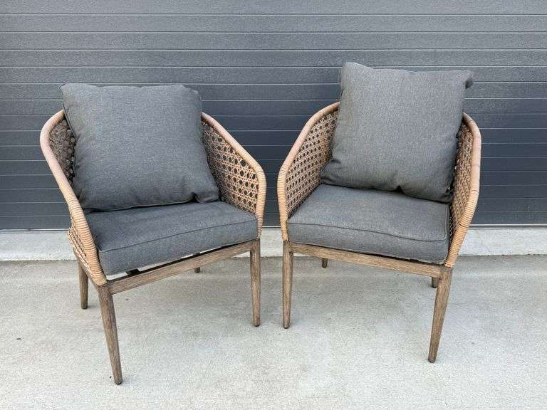 Pair of Hampton Bay Wicker Metal Patio Armchairs with Cushions