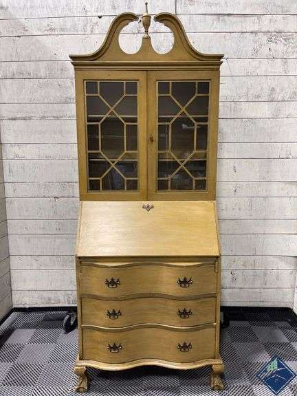 Two-Piece Secretary Desk With Glass Doors and Drawers