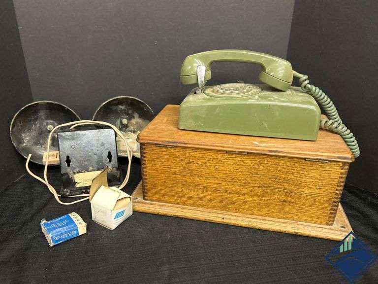 Green Rotary Telephone With Wooden Box and Signaling Equipment