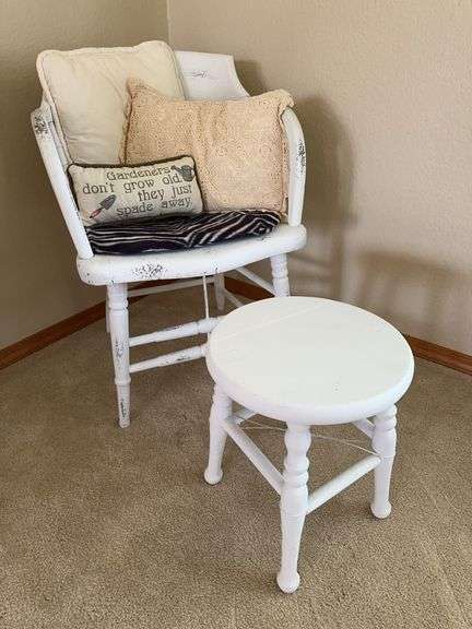White Distressed Wooden Chair And Stool