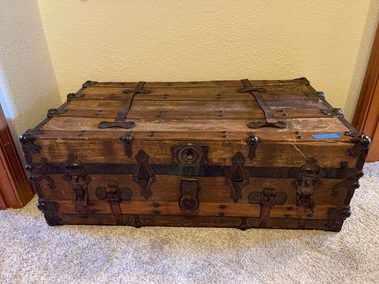 Antique Wooden Steamer Trunk With Metal Hardware