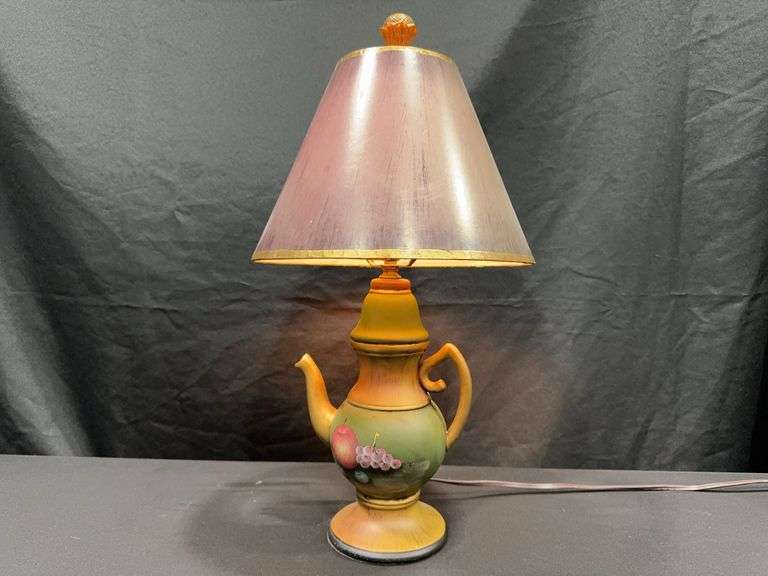 Hand Painted Teapot Table Lamp With Fruit Motif