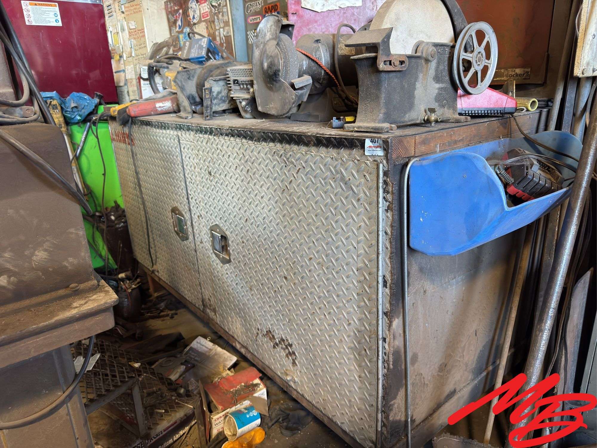 Work Bench/ Tool Box On Wheels with Bench Grinders, Power Tools, Etc.