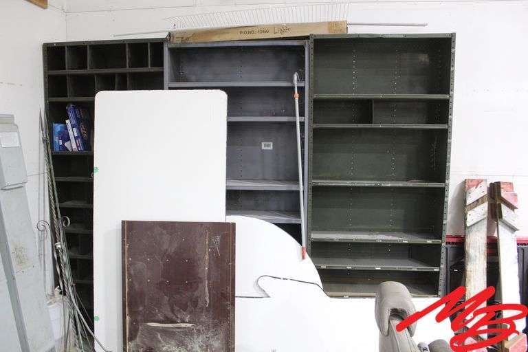 (3) Metal Shelves, 86" Tall, Assorted Wood Table Top
