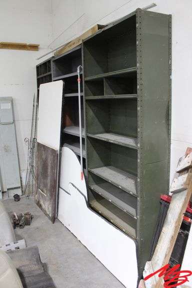 (3) Metal Shelves, 86" Tall, Assorted Wood Table Top