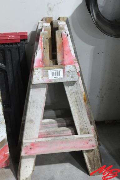 (2) Wooden Saw Horses, (2) Plastic Saw Horses