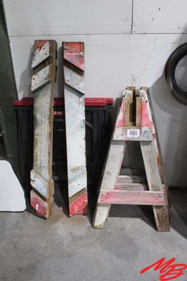 (2) Wooden Saw Horses, (2) Plastic Saw Horses