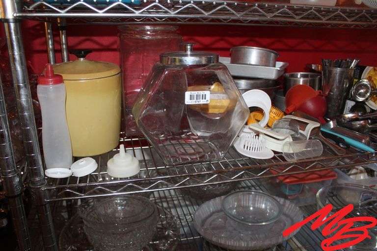 Assorted Glass Canisters, Stainless Steel Bowls, Ice Scoops, Cooking Trays, & Serving Utensils
