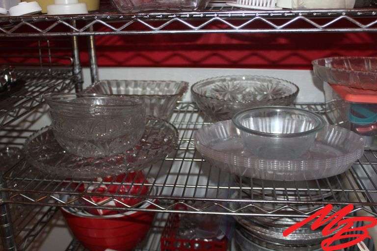 Assorted Glass & Plastic Decorative Bowls, Plastic Tub of Cookie Cutters, Assorted Drawer Liners