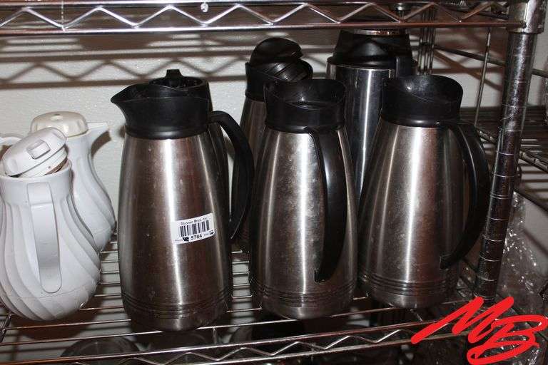 (3) Stainless Steel Insulated Carafes, missing some lids (4) Plastic carafes